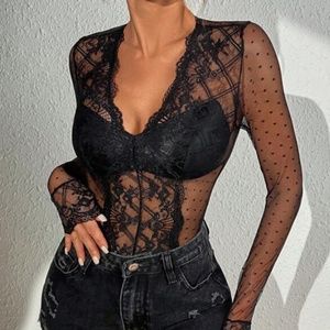 BAE Contrast Lace Dobby Mesh Bodysuit Without Lingerie Set